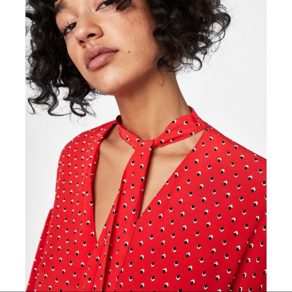 Zara Red Print Tie Neck Blouse